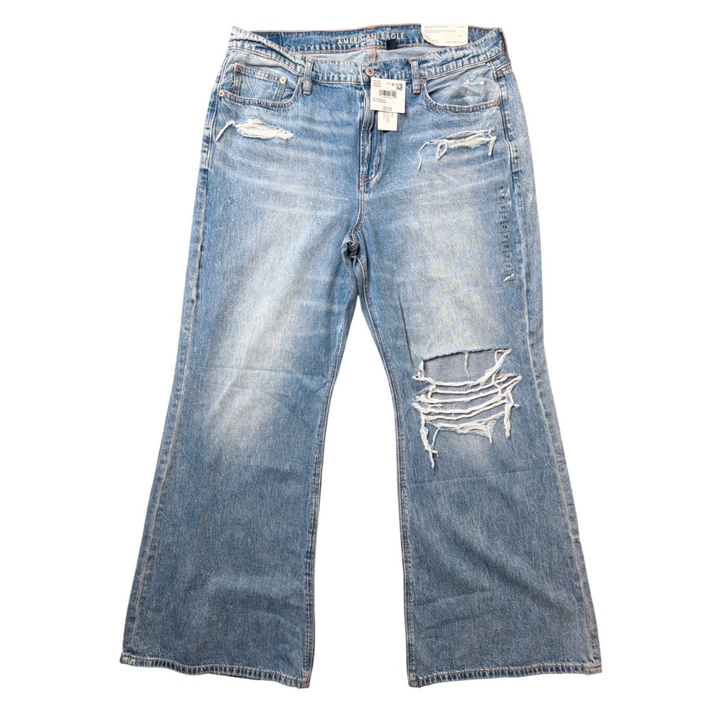 American Eagle Jeans Women 14 Dream Drape Baggy Flare Indigo Acid Distressed NEW